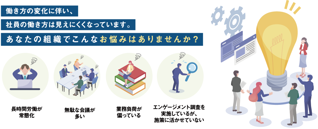 働き方の変化に伴い、社員の働き方は見えにくくなってます。
あなたの組織でこんなお悩みありませんか?