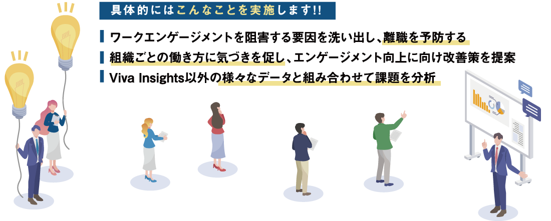 具体的にはこんなことを実現します!!
・ワークエンゲージメントを阻害する要因を洗い出し、離職を予防する。
・組織ごとの働き方気づきを促し、エンゲージメント向上に向け改善策を提案
・Viva Insights以外の様々なデータと組み合わせて課題を分析